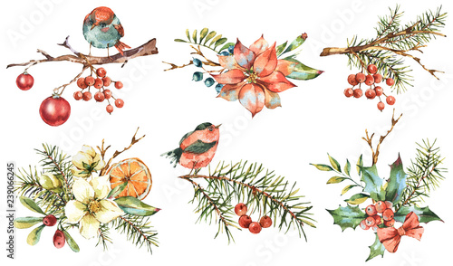 Watercolor set of vintage floral New Year decoration with poinsettia, pine branches, holly, Christmas balls, birds