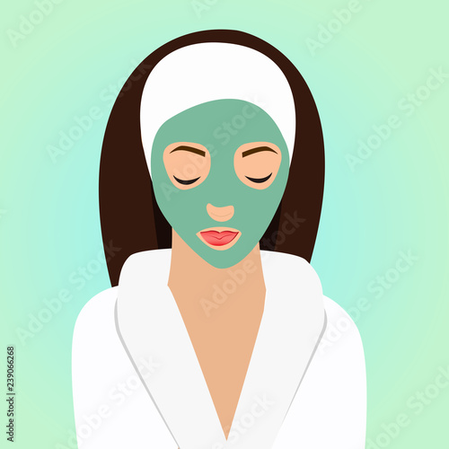 Beautiful woman on spa in bathrobe and towel. Vector illustration