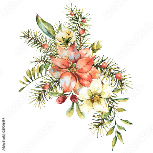 Watercolor vintage floral greeting card  New year decoration with poinsettia  pine branches  red berries