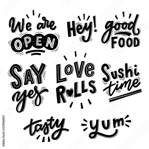 Set of hand drawn lettering phrase for sticker, cafe, print. Japanese food.