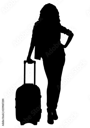 Vector image. Silhouette of a girl with a suitcase. Travel and adventure concept.