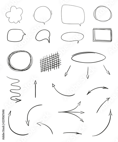 Hand drawn infographic elements on white. Abstract arrows. Line art. Set of different shapes. Black and white illustration. Doodles for artwork