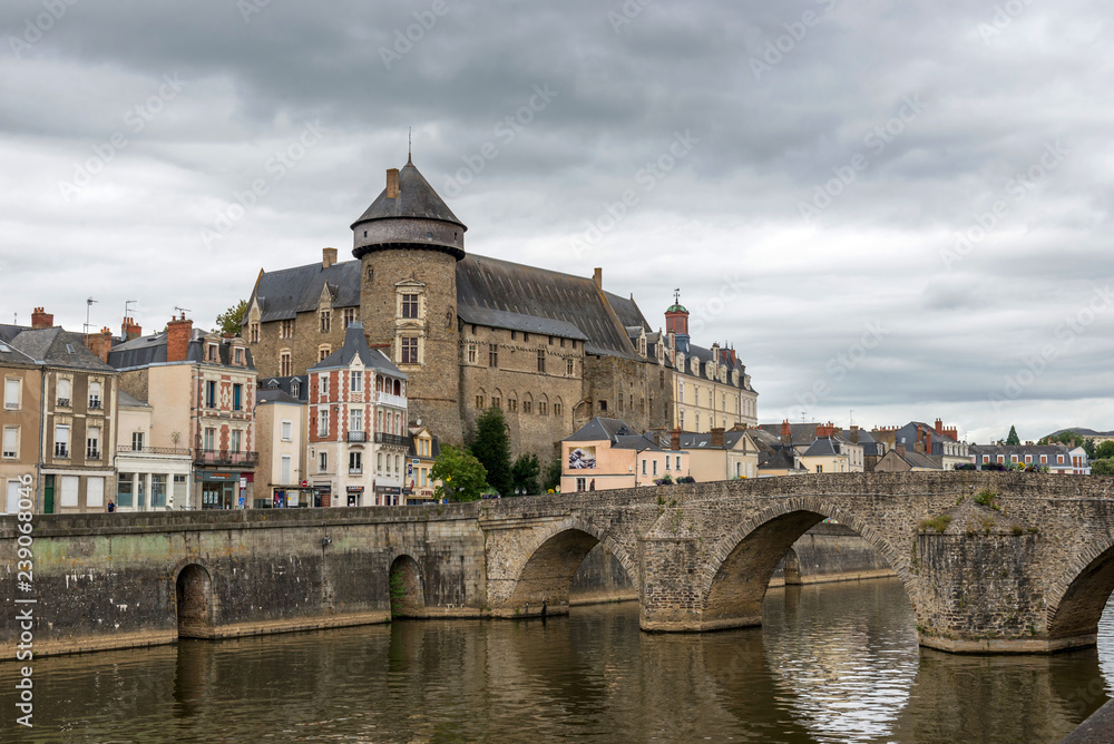 Medieval Château de Laval. Banks of the Mayenne river, City of Laval, Mayenne, Pays de Loire, France. August 5, 2018