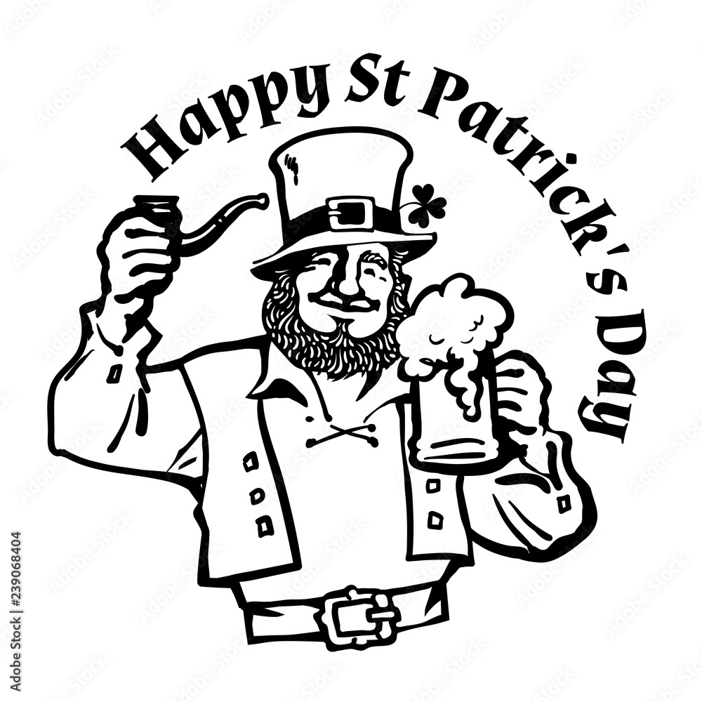 Happy St Patricks Day poster. Leprechaun character in traditional Irish costume with beer mug and pipe. Hand drawn vector illustration isolated on white. Happy St Patricks Day poster. Leprechaun character in traditional Irish costume with beer mug and pipe. Hand drawn vector illustration isolated on white.