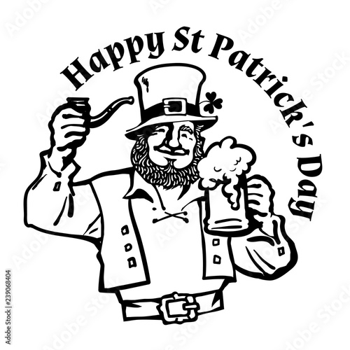 Happy St Patricks Day poster. Leprechaun character in traditional Irish costume with beer mug and pipe. Hand drawn vector illustration isolated on white.