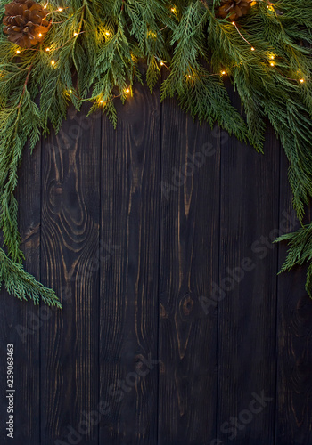 Christmas wood, cypress and golden lights background