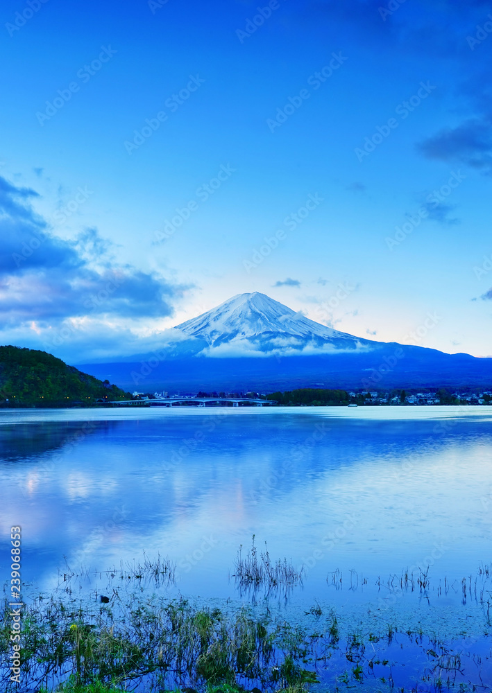 View of the Mount Fuji from Lake Kawaguchi in the morning in Japan.