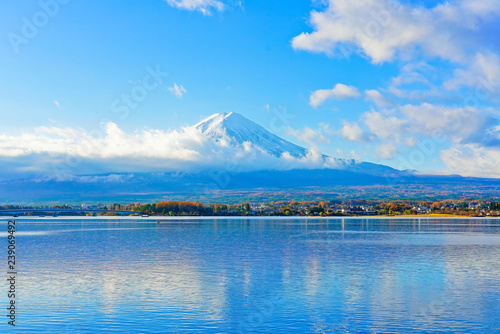 View of the Mount Fuji from Lake Kawaguchi in the morning in Japan.