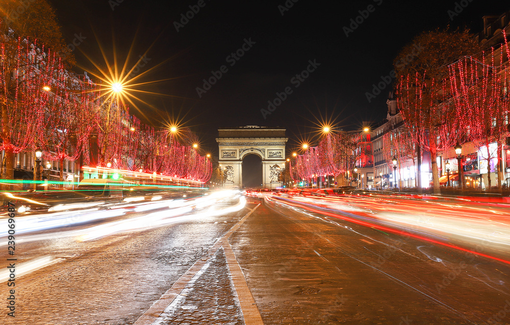 The Triumphal Arch and Champs Elysees avenue illuminated for Christmas 2018 ,Paris.