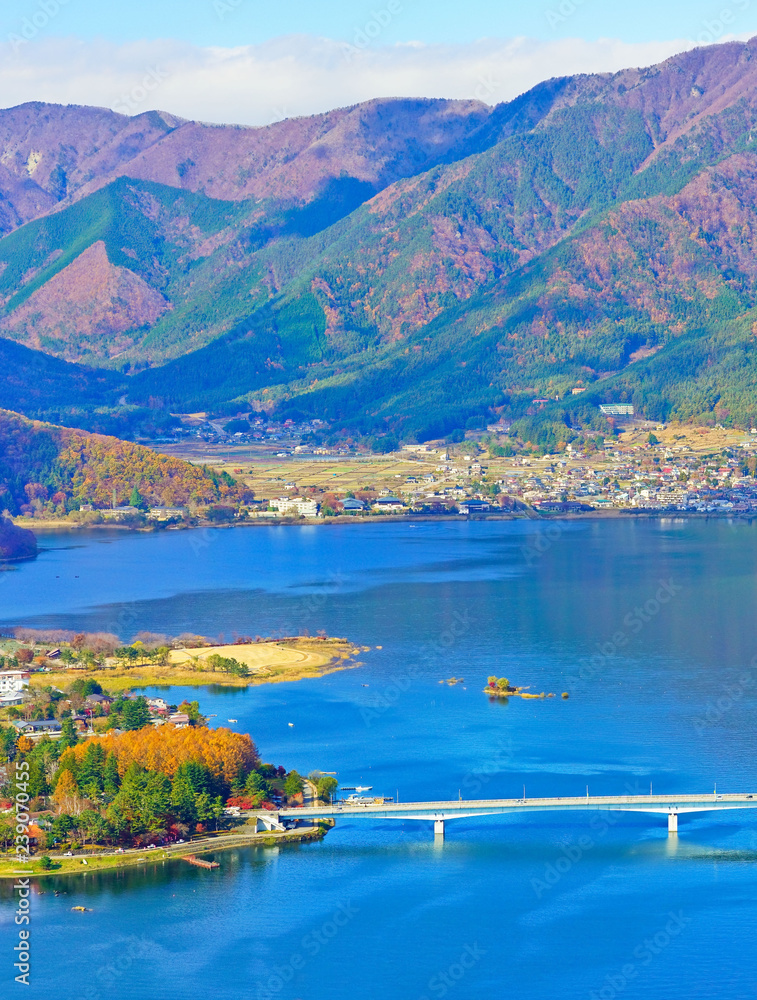 View of the Lake Kawaguchi in autumn in Japan.