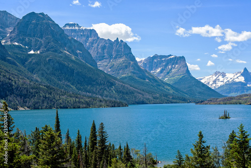 Wild Goose Island in Glacier National Park with Mountain Peaks in the Background