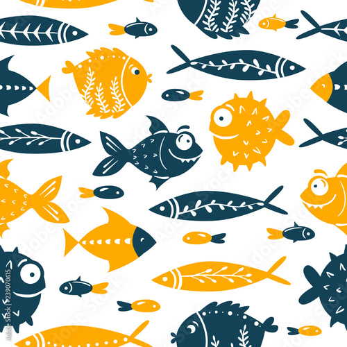 Seamless vector pattern with cute fishes. Funny fish with big eyes. For pattern fills, wallpaper, print for clothes, For pattern fills, wallpaper, print for clothes, wrapping paper