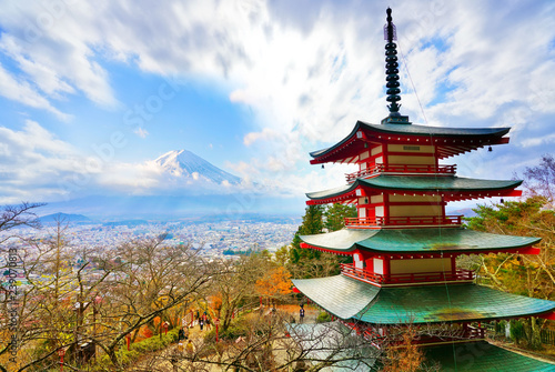 View of the Japanese temple in autumn with Mount Fuji in the background in Japan.
