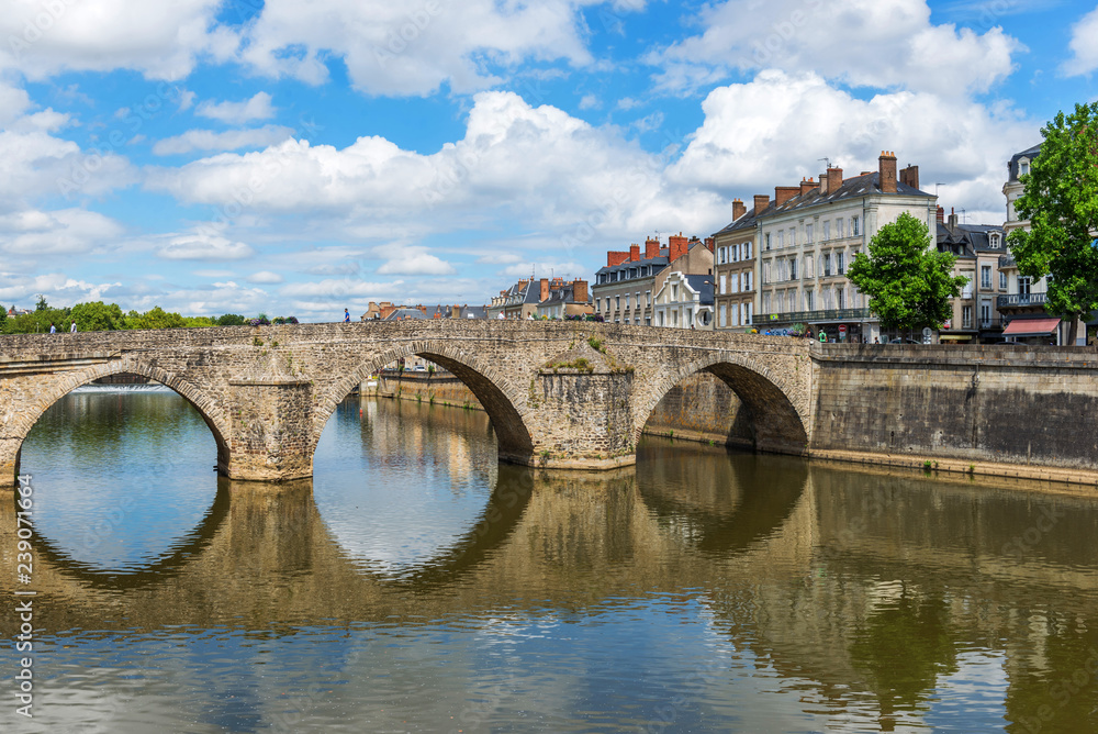 Bridge.Banks of the Mayenne river, City of Laval, Mayenne, Pays de Loire, France. August 5, 2018