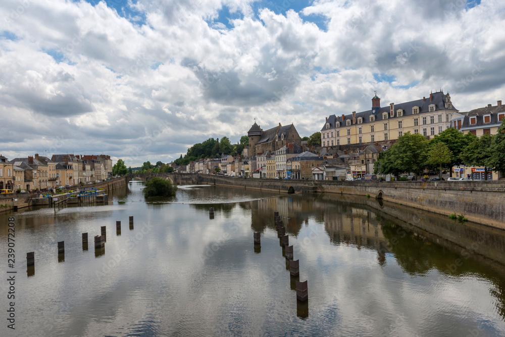 Banks of the Mayenne river, City of Laval, Mayenne, Pays de Loire, France. August 5, 2018