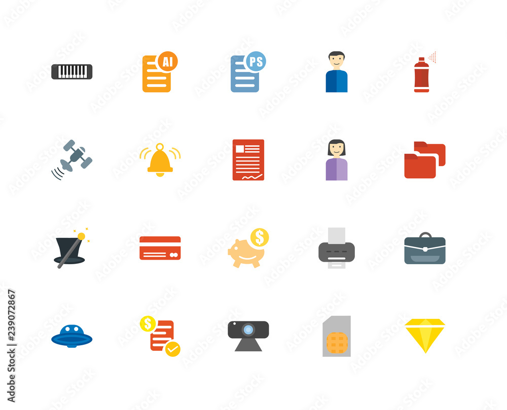 20 icons related to Diamond, Sim card, Webcam, Invoice, Ufo, Spray, Girl,  Piggy bank, Magician, Bell, PS signs. Vector illustration isolated on white  background. Stock Vector | Adobe Stock