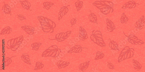 Flat vector with noise and texture. Tropical leaves Monstera on marble textured background. Bright, energetic color of Living Coral. Modern, fashionable color. Seamless pattern, place for text.