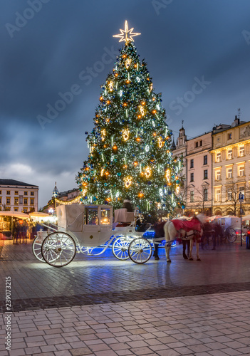 Krakow, Poland, Christmas tree on main market square and horse drawn carriage