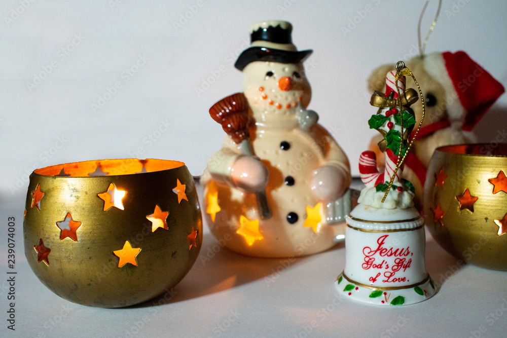Christmas Backdrop Including Snowman, Candles, Bear and Bell Christmas Backdrop Including Snowman, Candles, Bear and Bell