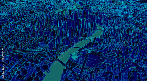 illustration of helicopter and new york city seen from above in wire frame style