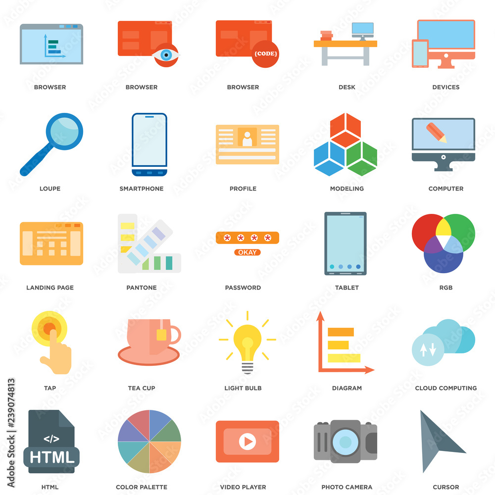 25 icons related to Cursor, Photo camera, Video player, Color palette, Html, Computer, Tablet, Light bulb, Tap, Loupe, Browser, Browser signs. Vector illustration isolated on white background. 25 icons related to Cursor, Photo camera, Video player, Color palette, Html, Computer, Tablet, Light bulb, Tap, Loupe, Browser, Browser signs. Vector illustration isolated on white background.