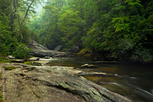 Beautiful Appalachian Mountain forest in North Carolina, with a rocky river cutting through the woods in early morning (Chattooga River and Nantahala National Forest)