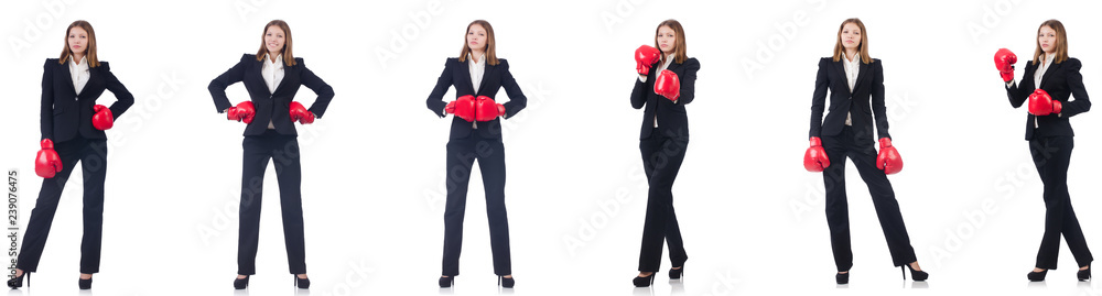 Businesswoman with boxing gloves isolated on white Businesswoman with boxing gloves isolated on white