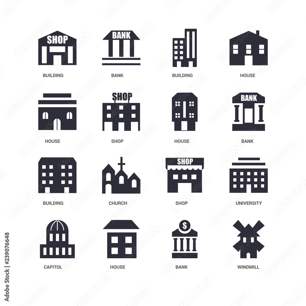16 icons related to Windmill, Bank, House, Capitol, University, Building, undefined, undefined signs. Vector illustration isolated on white background.