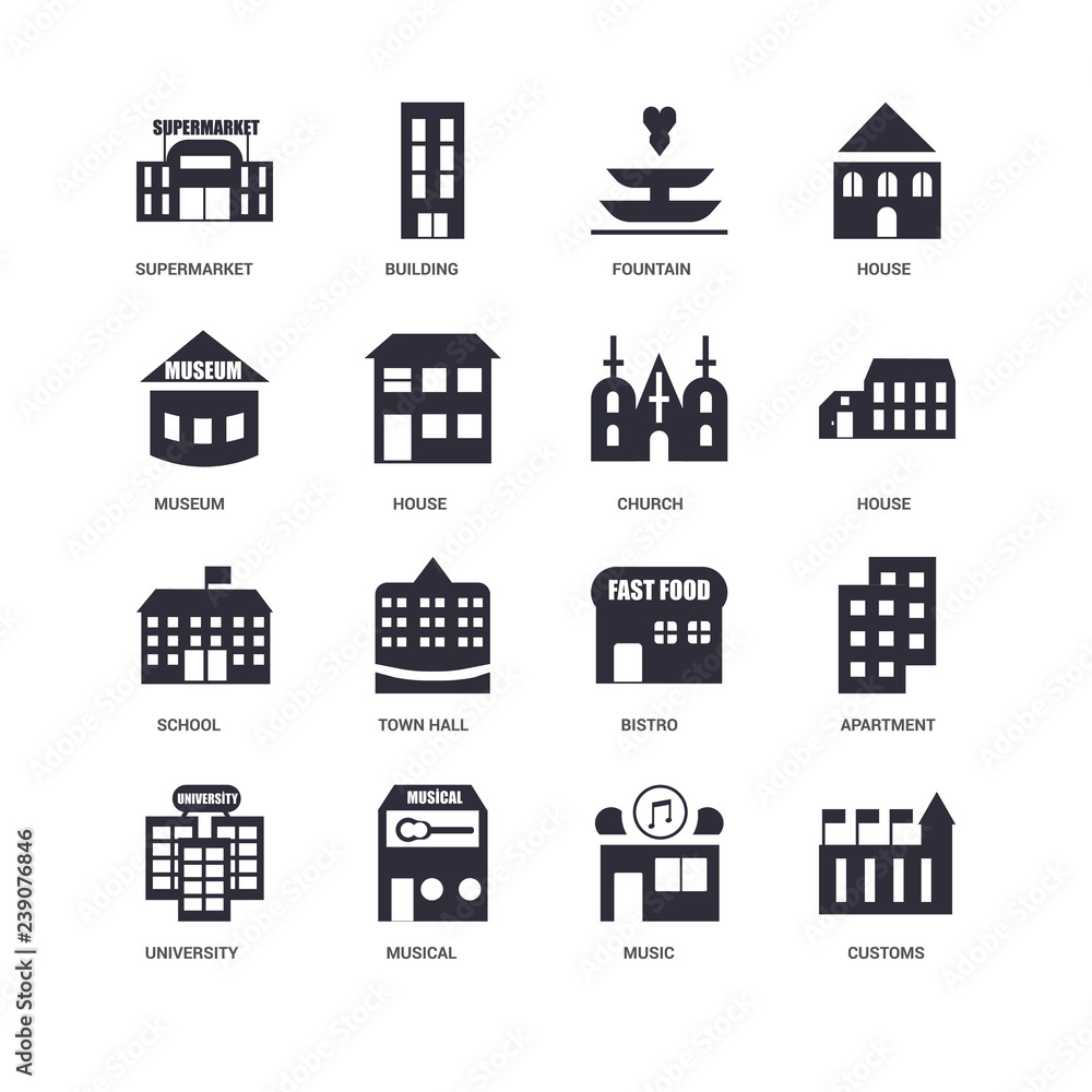 16 icons related to Customs, Music, Musical, University, Apartment, Supermarket, Museum, School, Church, undefined, undefined signs. Vector illustration isolated on white background.