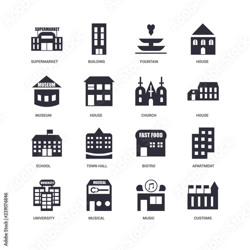 16 icons related to Customs, Music, Musical, University, Apartment, Supermarket, Museum, School, Church, undefined, undefined signs. Vector illustration isolated on white background.