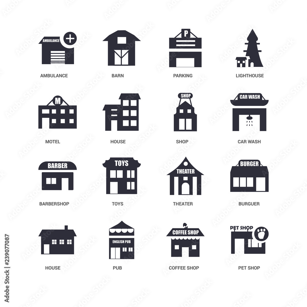 16 icons related to Pet shop, Coffee Pub, House, Burguer, Ambulance, Motel, Barbershop, Shop, undefined, undefined signs. Vector illustration isolated on white background.