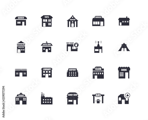 20 icons related to Pizza, Gas station, Candy shop, Factory, Laundry, House, Radio, Airport, Prison, Coffee Theater signs. Vector illustration isolated on white background.