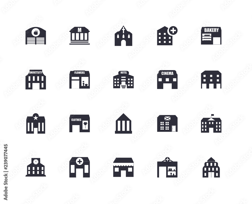 20 icons related to Embassy, Pharmacy, Cafe, Clinic, Station, Bakery, Cinema, Bank, Police, Flower, Church signs. Vector illustration isolated on white background.