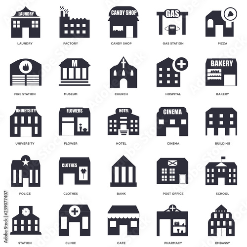 25 icons related to Embassy, Pharmacy, Cafe, Clinic, Station, Bakery, Cinema, Bank, Police, Fire station, Candy shop, Factory signs. Vector illustration isolated on white background.