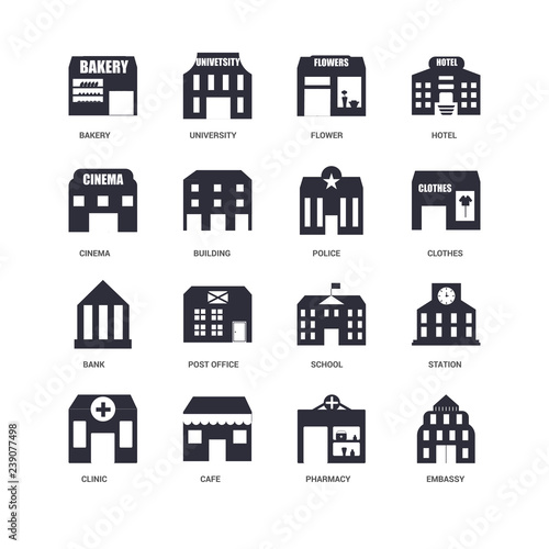 16 icons related to Embassy, Pharmacy, Cafe, Clinic, Station, Bakery, Cinema, Bank, Police, undefined, undefined signs. Vector illustration isolated on white background.