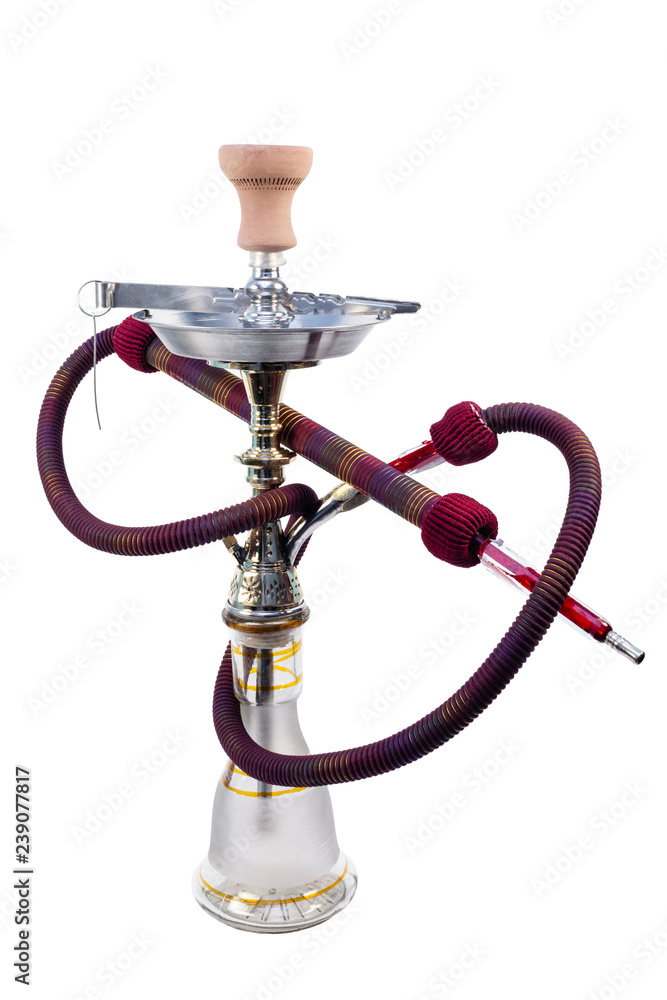 Modern transparent hookah isolated on white background. Hookah with rubber tube and flask isolated on white background. Eastern smokable water pipe smoking on white background Modern transparent hookah isolated on white background. Hookah with rubber tube and flask isolated on white background. Eastern smokable water pipe smoking on white background