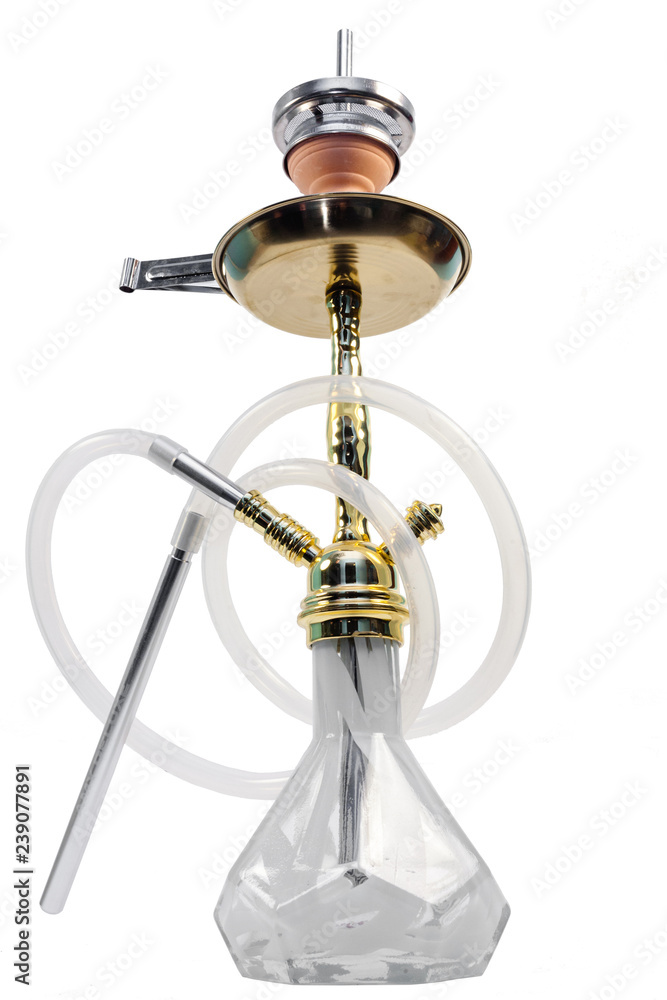 Modern transparent hookah isolated on white background. Hookah with rubber tube and flask isolated on white background. Eastern smokable water pipe smoking on white background Modern transparent hookah isolated on white background. Hookah with rubber tube and flask isolated on white background. Eastern smokable water pipe smoking on white background