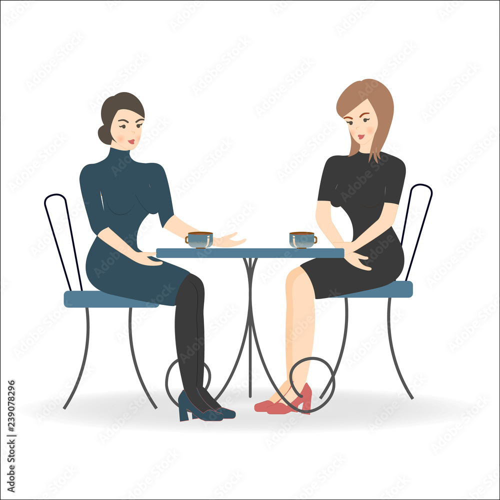 Two beautiful women are sitting in a cafe at a table, talking and drinking coffee. Vector illustration Two beautiful women are sitting in a cafe at a table, talking and drinking coffee. Vector illustration