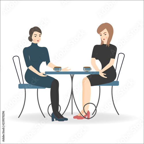 Two beautiful women are sitting in a cafe at a table, talking and drinking coffee. Vector illustration