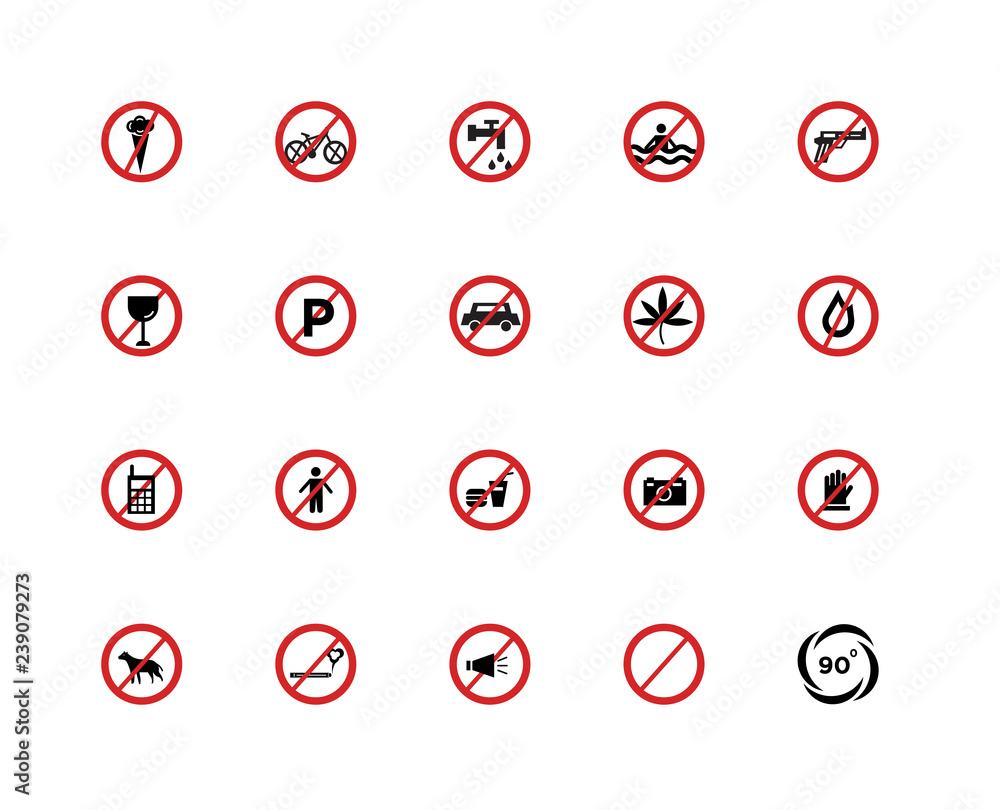 20 icons related to Washing, Prohibition, Noise, No smoking, pets, Weapons, Marijuana, Fast food, Mobile phone, Parking, Water signs. Vector illustration isolated on white background. 20 icons related to Washing, Prohibition, Noise, No smoking, pets, Weapons, Marijuana, Fast food, Mobile phone, Parking, Water signs. Vector illustration isolated on white background.
