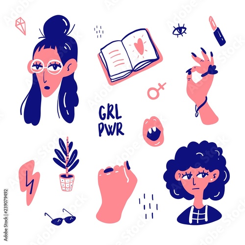 Set of funny cartoon feminine stickers. Hand drawn illustration.