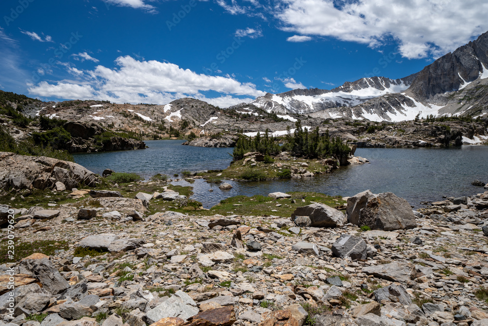 20 Lakes Basin at Shamrock Lake, backpacking and wilderness hiking the California Eastern Sierra Nevada Mountains in the summer.