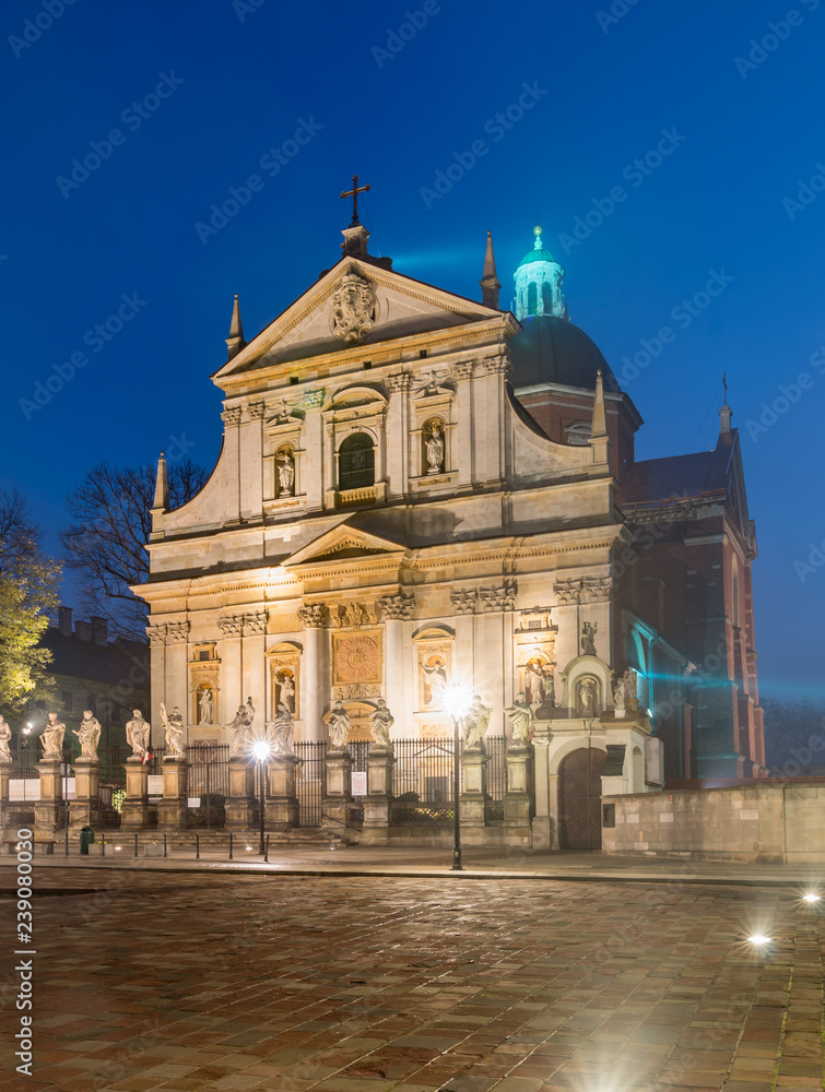 Krakow, Poland, baroque church of Saints Peter and Paul in the night