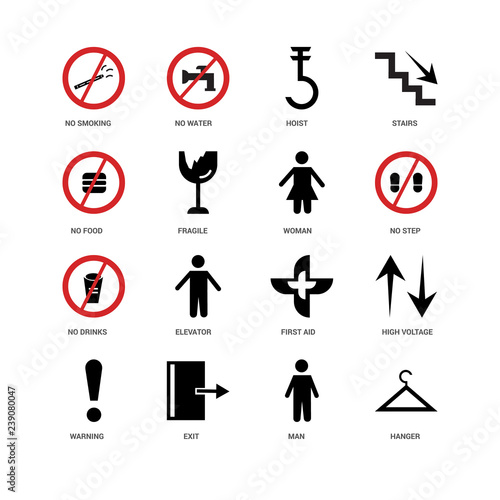 16 icons related to Hanger, Man, Exit, Warning, High voltage, No smoking, food, drinks, Woman, undefined, undefined signs. Vector illustration isolated on white background.