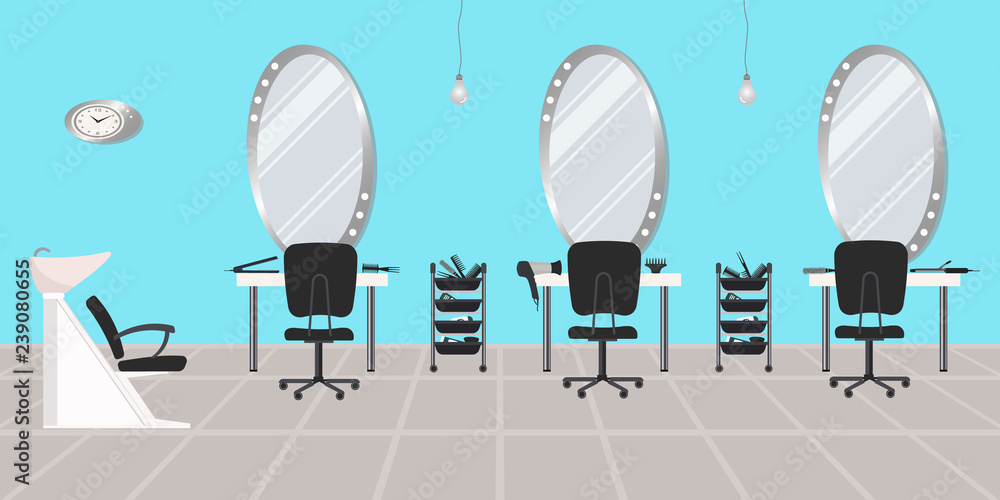 Interior of a hairdressing salon in a blue color. Beauty salon. There are tables, chairs, a bath for washing the hair, mirrors, hair dryer in the picture. There is also a clock here. Vector Interior of a hairdressing salon in a blue color. Beauty salon. There are tables, chairs, a bath for washing the hair, mirrors, hair dryer in the picture. There is also a clock here. Vector