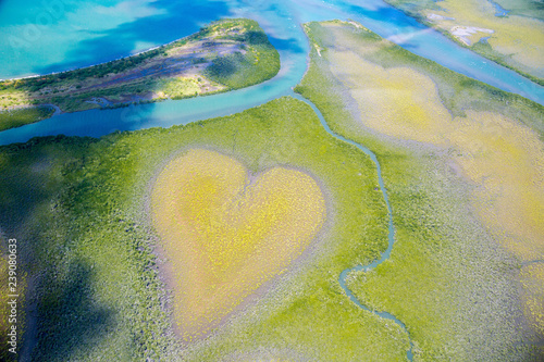 Fotografi Heart of Voh, aerial view, formation of mangroves vegetation resembles a heart seen from above, New Caledonia, Micronesia, South Pacific Ocean