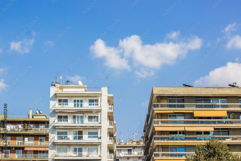 south city street building facade wallpaper background urban colorful view in clear summer weather time, copy space 