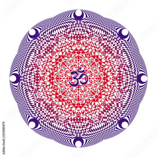 Mandala in Red and purple colors on a white background with aum / ohm / om sign in the center. Vector openwork drawing. Spiritual symbol.