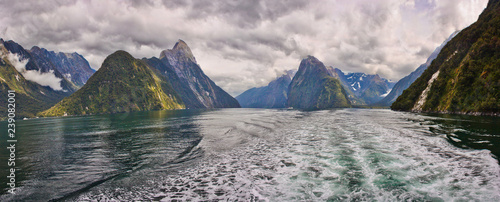 Boat tour on Milford Sound fjord in New Zealand