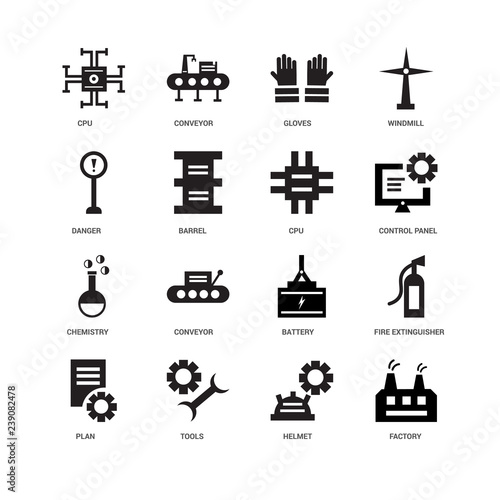 16 icons related to Factory, Helmet, Tools, Plan, Fire extinguisher, Cpu, Danger, Chemistry, undefined, undefined signs. Vector illustration isolated on white background.